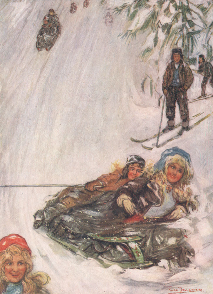 HOLMENKOLLEN. Girls on sledge by Nico Jungman. Norway 1905 old antique print